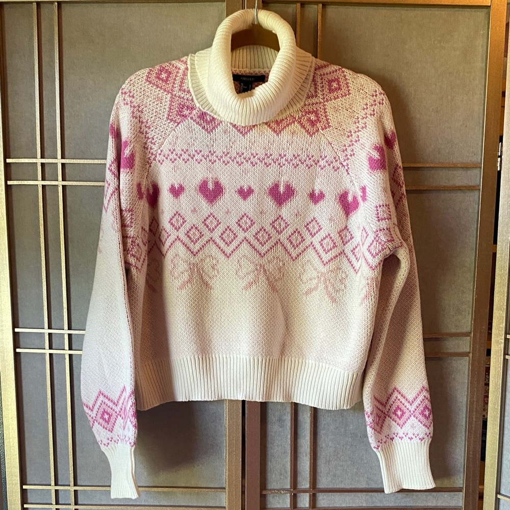 Forever 21 sweater, pink & cream color with hearts & bows, women’s size large - Picture 1 of 8